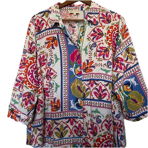 Cynthia Rowley 2X Multicolor Button Front Top Artsy Boho Vacation - Picture 5 of 5